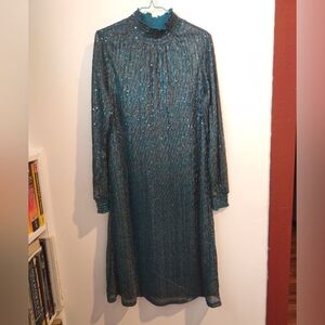 Nina Leonard Metallic Teal Dress